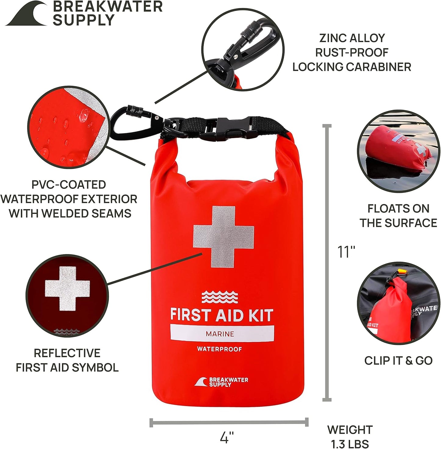 Breakwater Supply™ Waterproof First Aid Kit Dry Bag Bug Out Bag Preloaded with Emergency Survival Prepper Supplies for Boating, Camping, Fishing + Carabiner, Floating, Reflective, AFAK/IFAK Trauma Kit