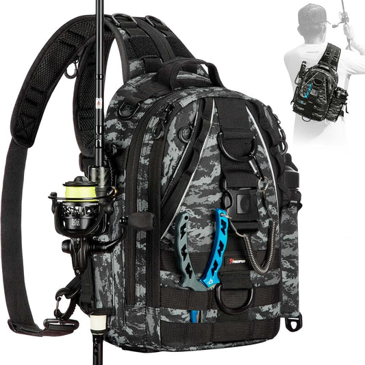 Piscifun Fishing Tackle Backpack with Rod & Gear Holder, Lightweight Outdoor Water-Resistant Fishing Shoulder Storage Bag